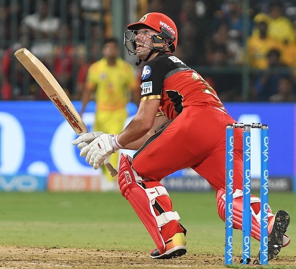 AB de Villiers of RCB plays a shot during the match against CSK