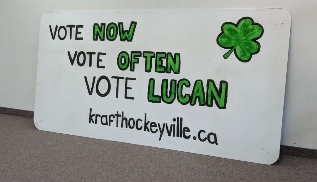 Signs promoting Lucan for Hockeyville 2018 plastered businesses in the community