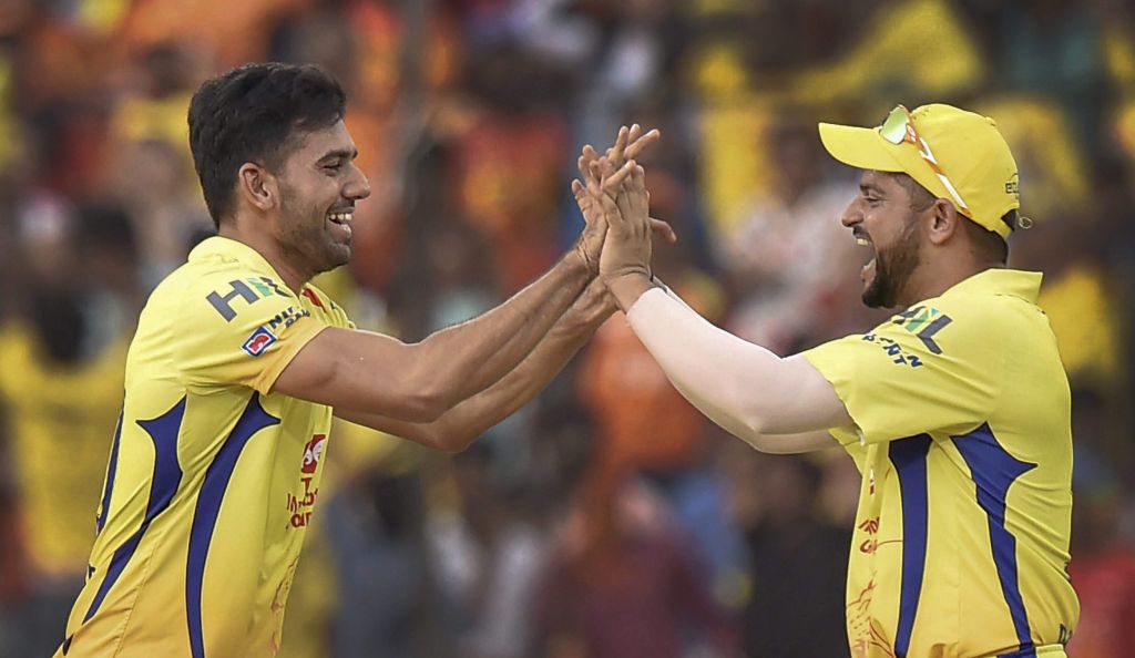 Chennai Super Kings CSK bowler Deepak Chahar celebrates the wicket of Sunrisers Hyderabad player. | PTI