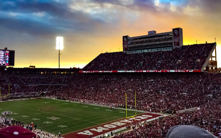 Oklahoma's football stadium at dusk