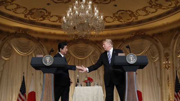 U. S. President Donald Trump and Japan's Prime Minister Shinzo Abe take part in a bilateral meeting at Trump's Mar-a Lago resort in Palm Beach Fla. on Tuesday