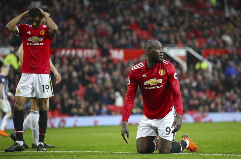 Manchester United's Romelu Lukaku shows his dejection after the final whistle of the English Premier League soccer match against West Bromwich Albion at Old Trafford Manchester England Sunday