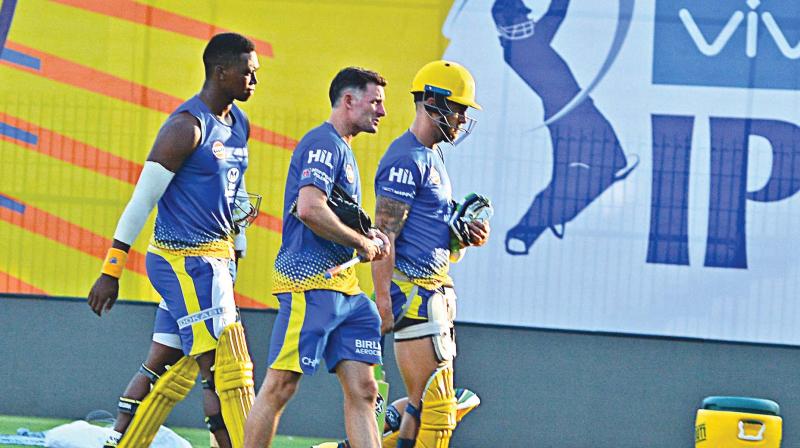 Team members of the Chennai Super KIngs at a training session on Monday