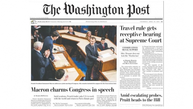 The Washington Post was impressed by President Macron's 50-minute speech to the US Congress