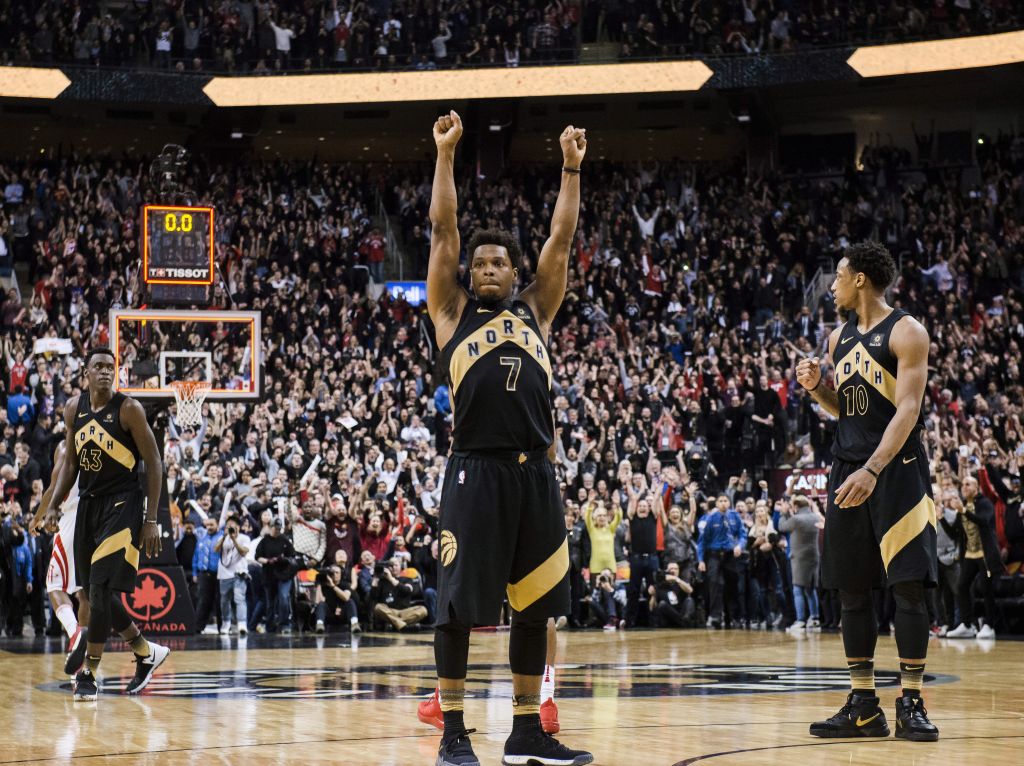 Toronto Raptors guard Kyle Lowry celebrates a win over the Houston Rockets on March 9.
Christopher Katsarov  
The Canadian Press