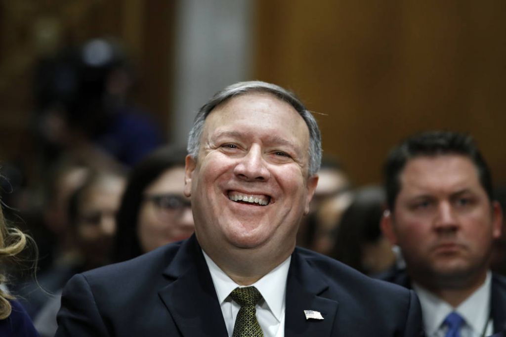 CIA Director Mike Pompeo picked to be the next secretary of state laughs at a joke while he is introduced before the Senate Foreign Relations Committee during a confirmation hearing on his nomin