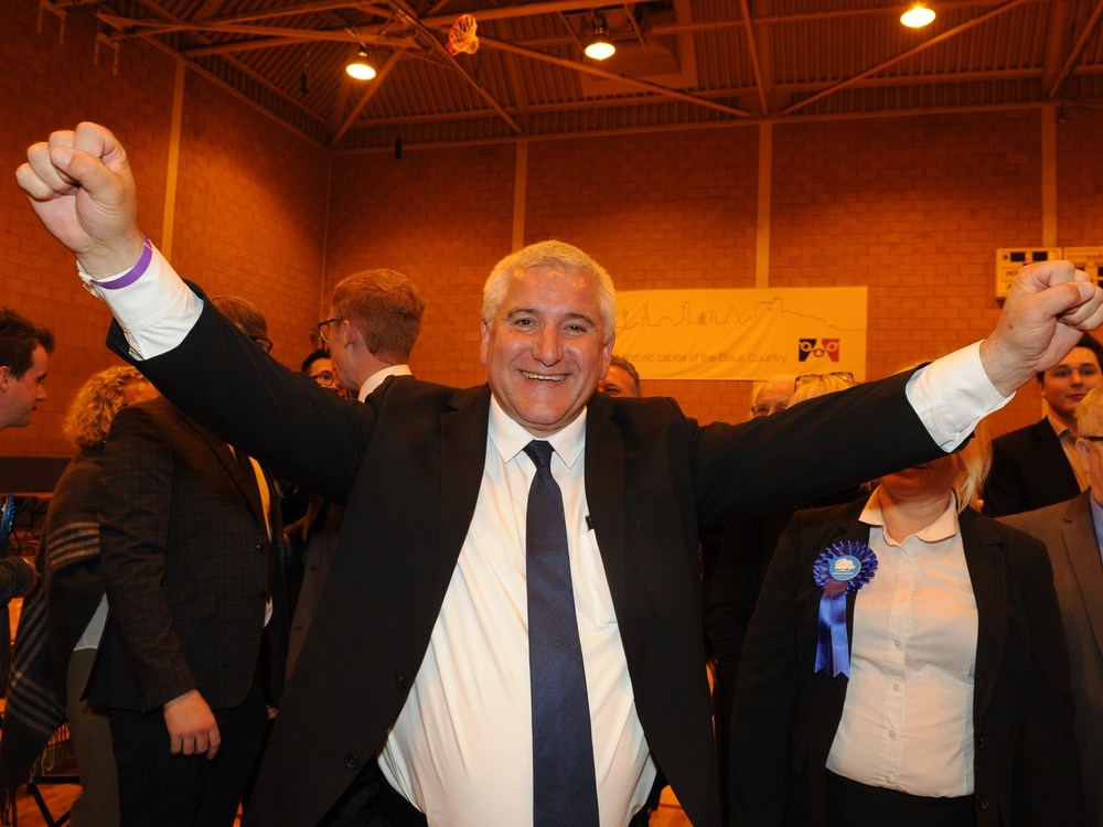 Dudley Conservative leader Patrick Harley celebrates at the count at Crystal Leisure Centre