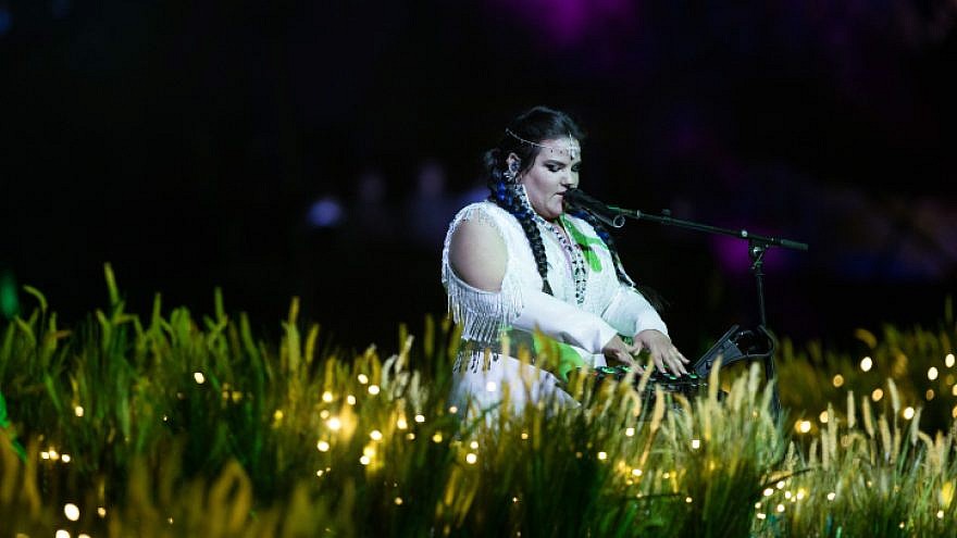 Israel's Eurovision representative singer Netta Barzilai performing at the 70th-anniversary Independence Day ceremony in Jerusalem