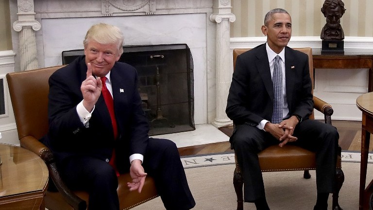 Then president-elect Donald Trump with then president Barack Obama in the Oval Office Washington DC