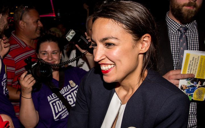 NEW YORK NY- JUNE 26 Progressive challenger Alexandria Ocasio Cortez celebrates with supporters at a victory party in the Bronx after upsetting incumbent Democratic Representative Joseph Crowly