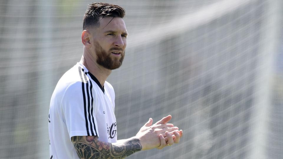 Argentina's forward Lionel Messi takes part in a training session at the team's base camp in Bronnitsy