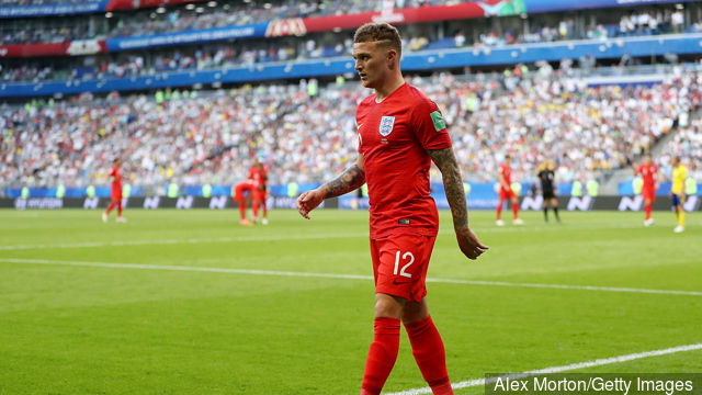 Kieran Trippier of England walks with the ball during the 2018 FIFA World Cup Russia Quarter Final match between Sweden and England at Samara Arena