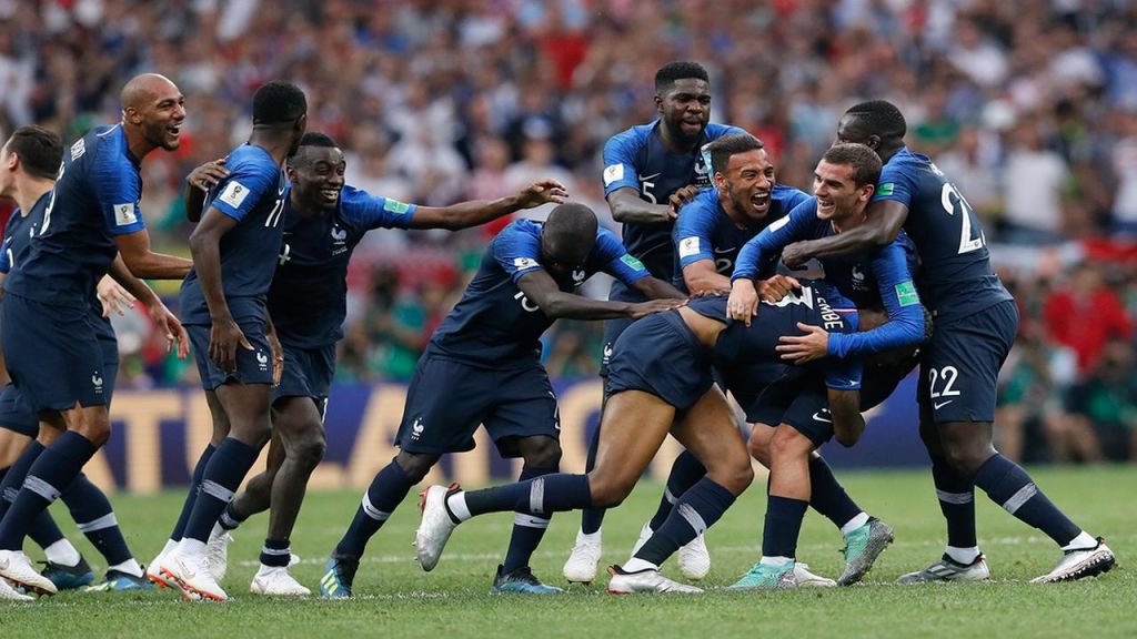 French players celebrate at the end of the final match between France and Croatia at the 2018 soccer World Cup in the Luzhniki Stadium in Moscow Russia