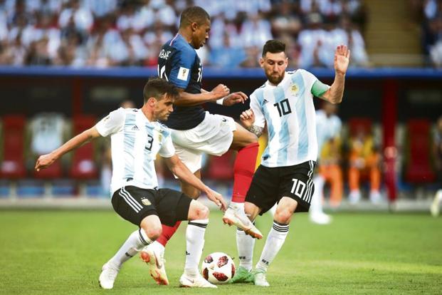 France’s Kylian Mbappe and Argentina’s Lionel Messi in action on Saturday