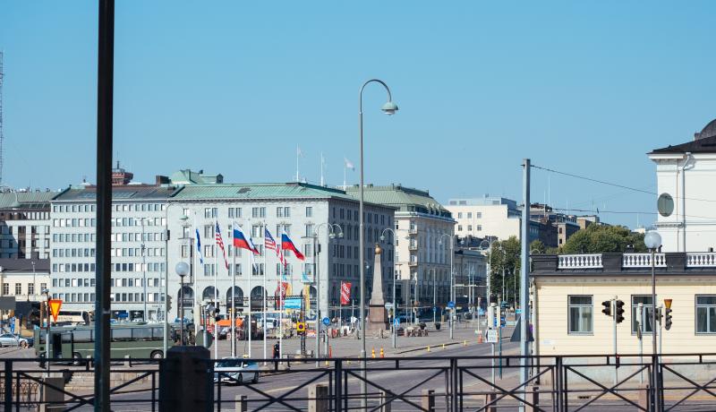 American and Russian flags in Helsinki on 16 July