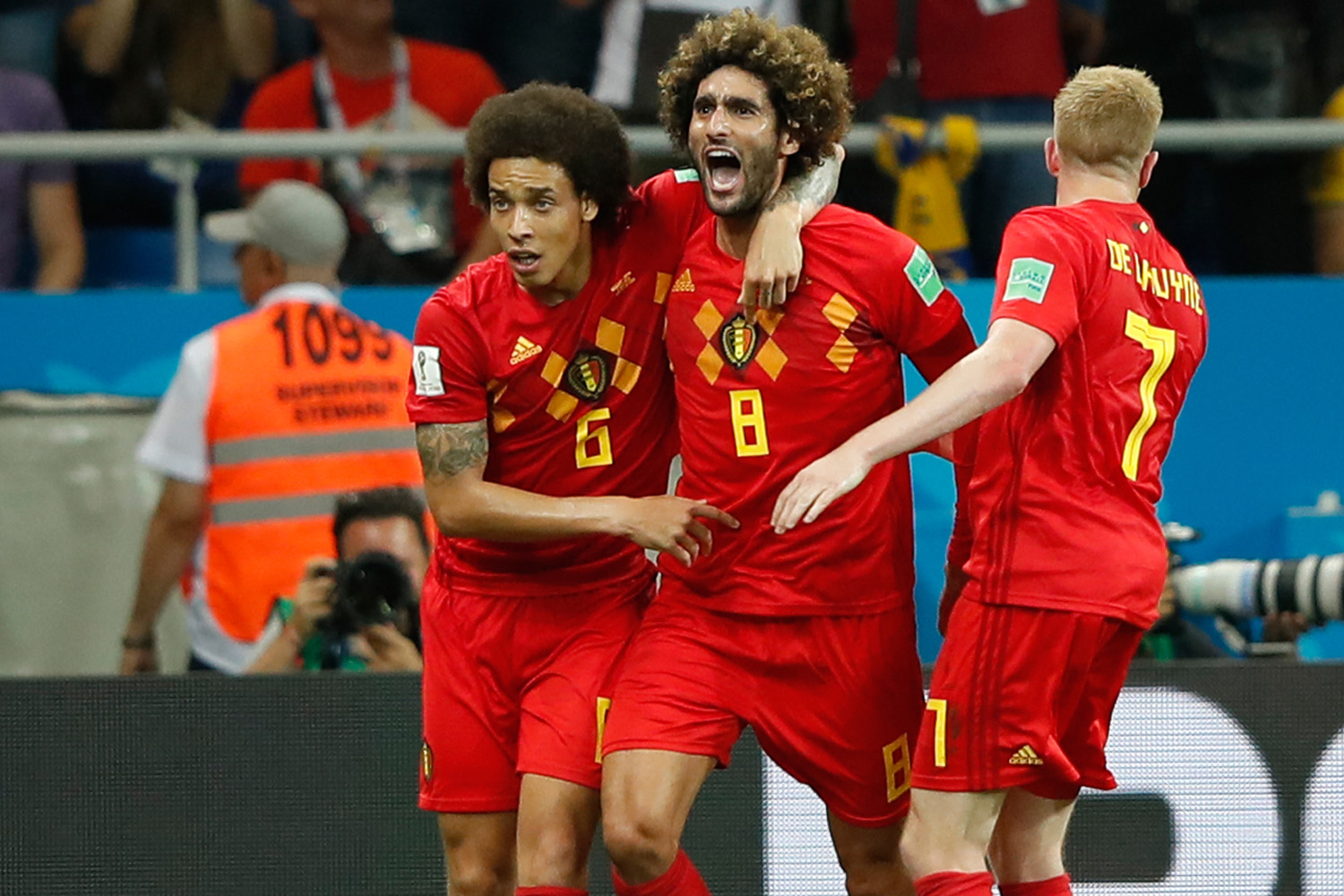 Belgium's Axel Witsel Marouane Fellaini and Kevin De Bruyne celebrate their side's equalizer against Japan