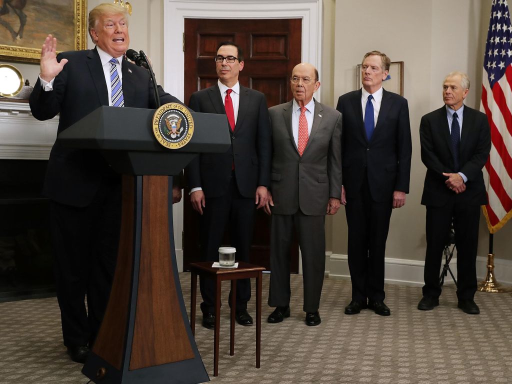 President Trump delivers remarks before signing tariff proclamations on steel and aluminum imports at the White House on March 8. Treasury Secretary Steven Mnuchin, Commerce Secretary Wilbur Ross U.S. Trade Representative Robert Lighth