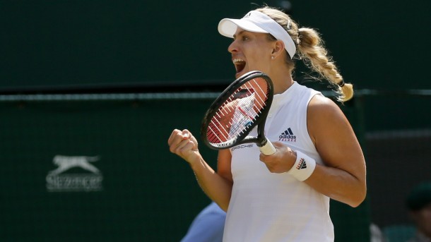 Germany's Angelique Kerber celebrates defeating Latvia's Jelena Ostapenko during their women's singles semi-finals match at the Wimbledon Tennis Championships in London Thursday