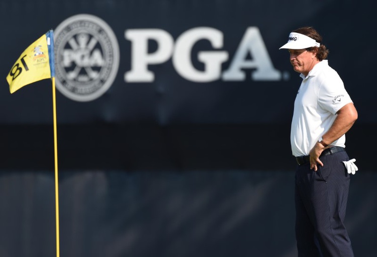 Aug 11 2018 Saint Louis MO USA Phil Mickelson on the 18th green during the continuation of the second round of the PGA Championship gol