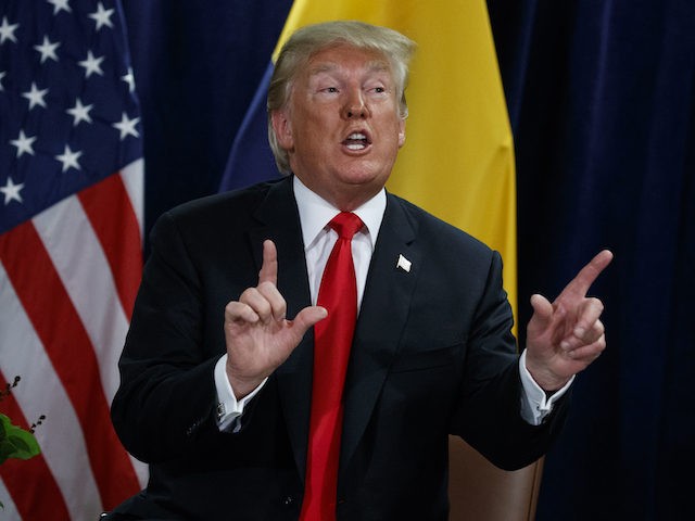 President Donald Trump answers a reporters question about Supreme Court Justice nominee Brett Kavanaugh during a meeting with Colombian President Ivan Duque at the United Nations General Assembly Tuesday Sept. 25 2018 at U.N. Headquarters. (AP