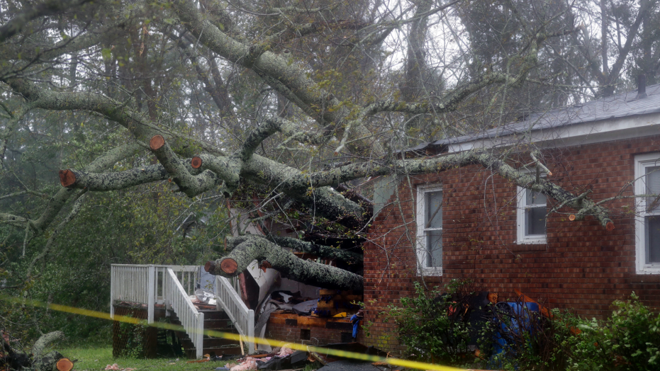 A fallen tree is shown after it crashed through the home where a woman and her baby were killed in Wilmington N.C. after Hurricane Florence made landfall Friday Sept. 14 2018