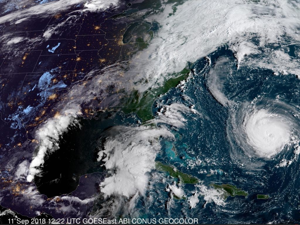 A satellite image shows Hurricane Florence bearing toward the coast of North Carolina. The storm is predicted to make landfall as a major hurricane late this week