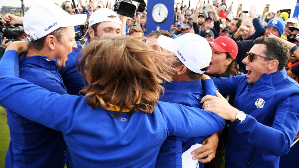 Europe's golfers including Francesco Molinari and Rory Mc Illroy celebrate winning The Ryder Cup
