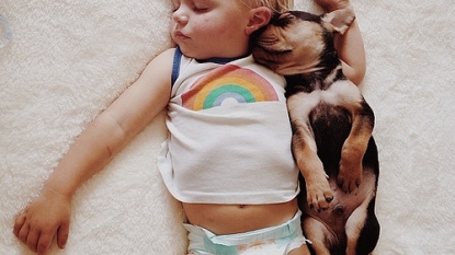 Amazing photos of a toddler and a puppy, seems like TWINS