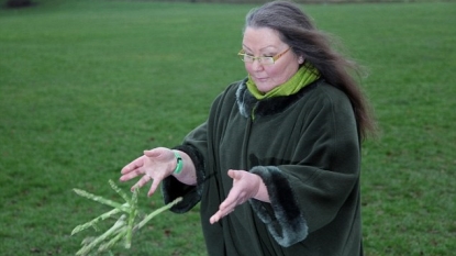 Lady fortune teller uses a asparagus to say the predictions