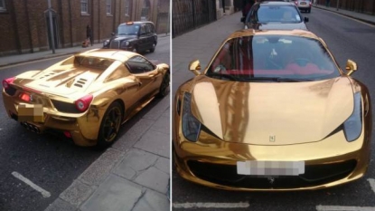 A gold plated Ferrari that belongs to a kickboxing champion spotted on road