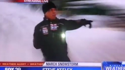 Reporter reporting on ‘snow storm’ felt ‘snow storm’ generated by snow plow