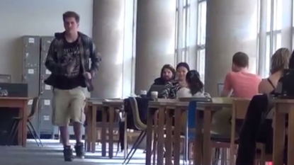 Prankster walking in library zone wearing squeaky shoos