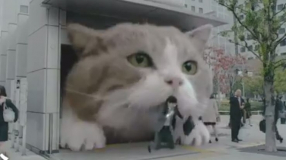 The giant cat lifts the business man to his destination