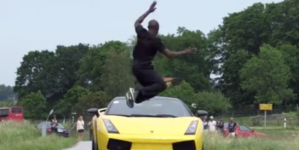 Daredevil man tried to jump over the Lamborghini coming straight to him at the speed of 80 mph