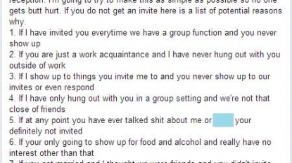 Bride listed the reasons on Facebook why some friends won’t get the invitation of her wedding day