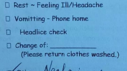 Kid sent home with an excuse “nacho in eye” from school