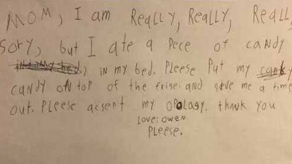 Little boy apologizes hilariously for eating candy on bed