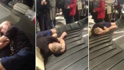 Moment when a man fell asleep over the airport baggage carousel