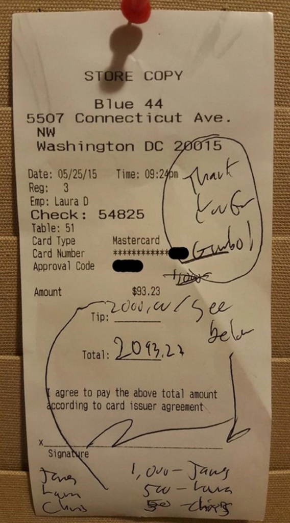 Customer left $2000 as tip with the bill of $93 for the restaurant