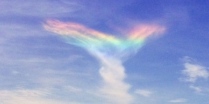 Twisted, rainbow-colored clouds hover over South Carolina