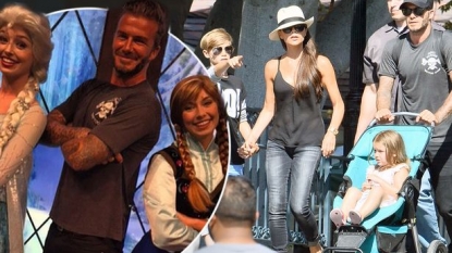 Beckhams at Disneyland: David makes Harper’s day posing with Frozen’s Anna