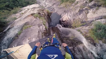 Daredevil Laso Schaller set the record for the highest cliff jump after