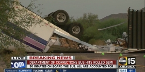 Bus Carrying 50 Inmates Hits Overturned 18-Wheeler