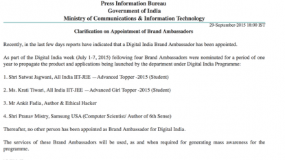 Government denies taking steps to appoint Ambassador for Digital India