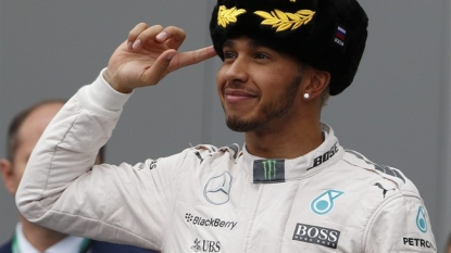 Stevenage’s Lewis Hamilton sprays Vladimir Putin with champagne after winning