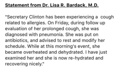 Hillary Clinton Diagnosed With Pneumonia, Is ‘Recovering Nicely’ Doctor Says