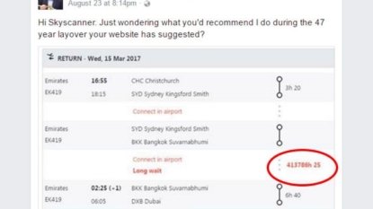 Viral response to travel app’s suggested 47-year layover is comedy gold